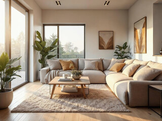 A hyper-realistic modern living room seen from behind the coffee table, cozy with soft pillows and warm details.