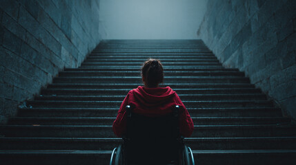 Young caucasian woman in wheelchair faces staircase. Frustrated person seeks accessible way. Disability handicap challenges, overcoming barriers, mobility. Concept inclusion, accessibility, mobility