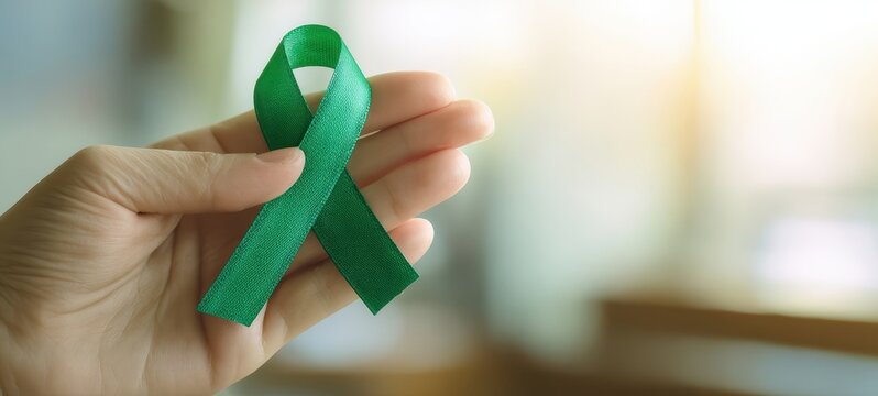 The green ribbon held by a hand symbolizing mental health awareness and support - Powered by Adobe