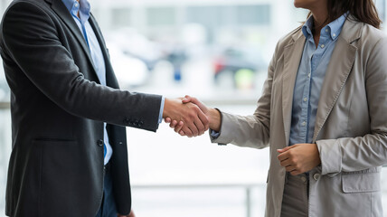 Business professionals in formal attire shaking hands, symbolizing partnership, agreement, or corporate deal in a modern office setting with a blurred background — perfect for business and teamwork 