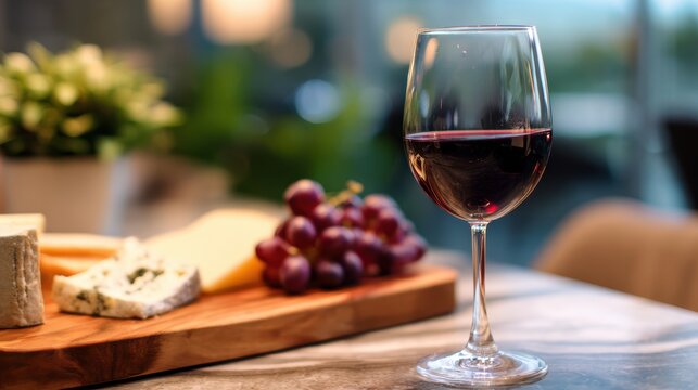 A glass of red wine beside a cheese platter and grapes on a wooden board in a cozy indoor setting