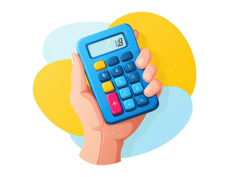 Hand holding a blue calculator with yellow and light blue background