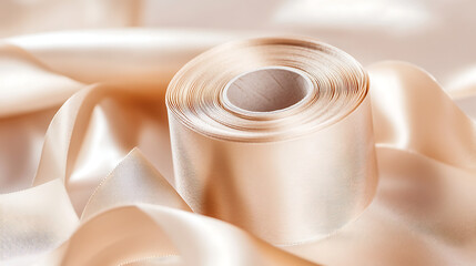 A roll of light peach colored satin ribbon resting on more satin ribbon in a soft focus shot