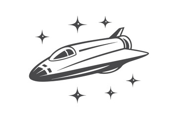 Retro Spacecraft Vector, Black and White Illustration, Rocket Design on White Background
