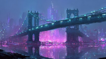Obraz premium Futuristic city bridge night cityscape reflection neon