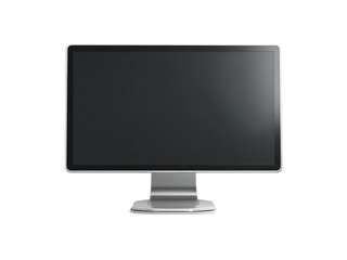 Fototapeta premium Sleek silver computer monitor with dark screen on black background display technology, Isolated, Png Transparent Background