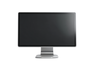 Sleek silver computer monitor with dark screen on black background display technology, Isolated, Png Transparent Background