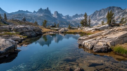 Fototapeta premium Serene alpine lake scene with mountain range and clear water