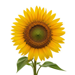 Fototapeta premium Bright yellow sunflower with green leaves isolated on transparent background
