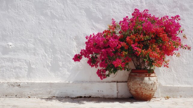 Bright pink bougainvillea by a white wall