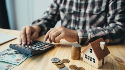 Fototapeta premium A middle-aged man hunched over bills, calculator in hand—crunching mortgage numbers, tallying credit card dues. Furrowed brows meet scribbled notes, as monthly burdens weigh on his mind, balancing inc