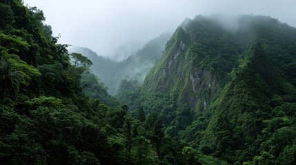 Fototapeta premium Misty mountain valley rainforest landscape, serene nature background, travel postcard