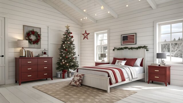 Photoreal Boston brownstone kids room in royal class design featuring dimmable sconces by bed and bright white and cranberry red palette