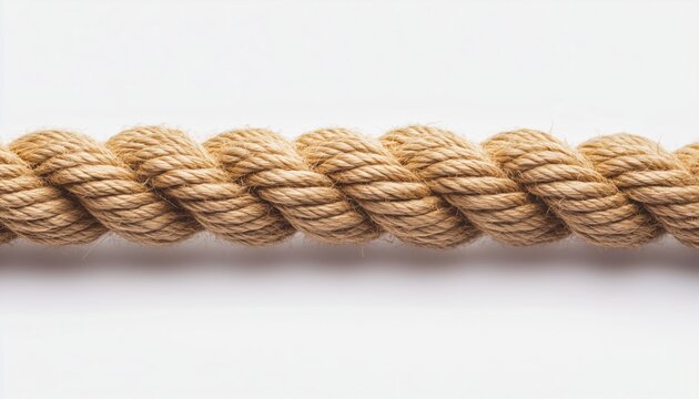 Detailed View Of Taut Rope On White Background. Photograph Captures The Intense Pressure And Tension Of The Pulled Rope. White Background Contrast.
