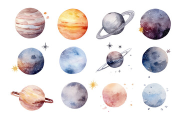 Watercolor planets, space, celestial bodies