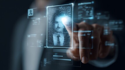 A man is pointing at a face on a screen. The image is of a man in a suit, wearing a tie, and pressing a button. The man is focused on the face, and the image conveys a sense of importance