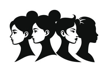 Black and White Silhouettes of Four Women With Different Hairstyles Facing Leftward