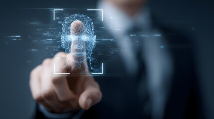 A man is pointing at a face on a screen. The image is of a man in a suit, wearing a tie, and pressing a button. The man is focused on the face, and the image conveys a sense of importance