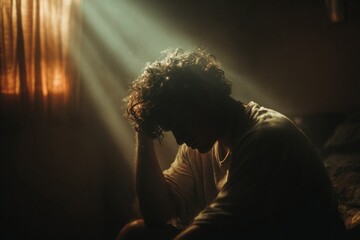 Young man sitting on bed suffering from depression illuminated by light rays passing through curtains