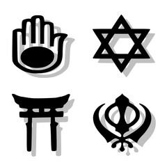 Religious Symbol Vector Icons. Set of religious icons including Star of David, Om, Sikh Khanda, Buddhist Dharma wheel, and others, cultural and spiritual illustration.