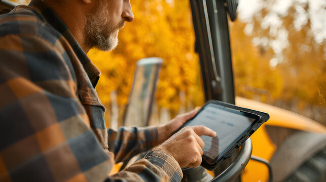 Farmer using digital tablet in tractor cab during harvest season