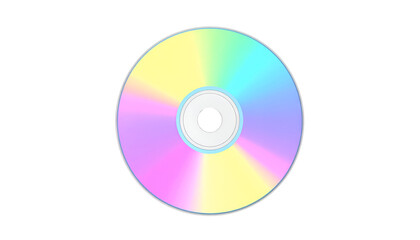 A colorful compact disc with a rainbow gradient pattern, reflecting light in pastel shades, sitting against a stark black background.