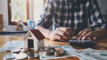 A middle-aged man hunched over bills, calculator in hand—crunching mortgage numbers, tallying credit card dues. Furrowed brows meet scribbled notes, as monthly burdens weigh on his mind, balancing inc