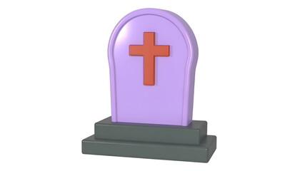 Fototapeta premium A stylized, cartoonish grave marker with a cross, rendered in soft pastel colors, resting on a stepped gray base against a dark background.