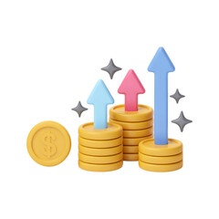 3D illustration of stacks of coins with upward arrows, symbolizing financial growth and success.