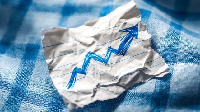 Crumpled paper with an upward trending arrow drawn on it, symbolizing growth or progress.