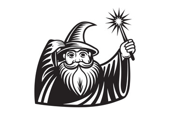 Wizard Waving Wand Illustration, Magic Spell Casting, Fantasy Character on White