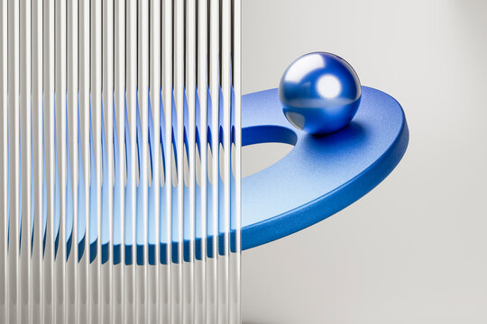 3D blue sphere on abstract surface with glass stripes