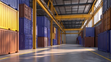 Colorful shipping containers stacked in a spacious warehouse with bright lighting and a clean floor