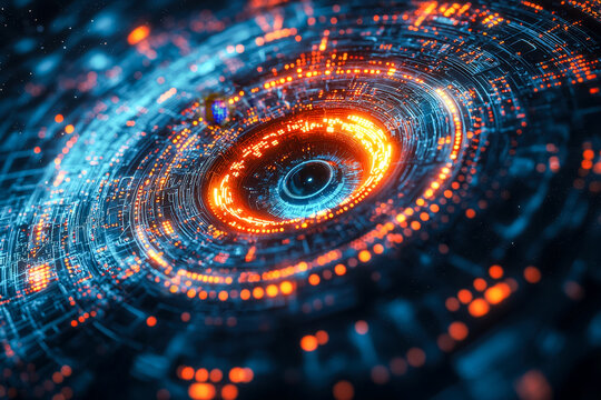 Futuristic digital vortex with glowing orange and blue accents