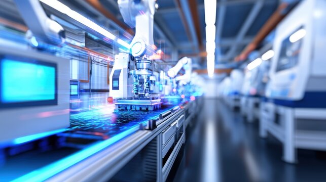 Advanced robotic arms assembling components on a high-tech production line in a modern factory environment