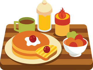 Isometric breakfast items with pancakes, syrup, fruit, and coffee on a tray 