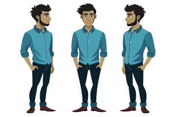 Cartoon Character of Young Man in Blue Shirt Posing from Three Different Angles