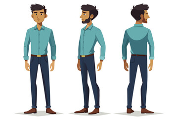 Cartoon Man Character Design Poses Front, Side, and Back Views of Casual Fashion