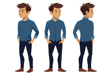 Cartoon Man Illustration with Three Views Front, Side, and Back Poses