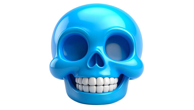 A vibrant blue skull with a friendly grin, set against a stark black background, evokes a playful yet slightly macabre aesthetic.