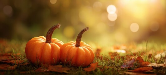 The Pumpkins Resting on Autumn Grass with Golden Sunlight and Fallen Leaves