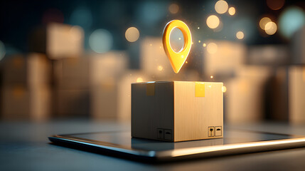 Cardboard box on tablet with location pin showing delivery tracking in warehouse