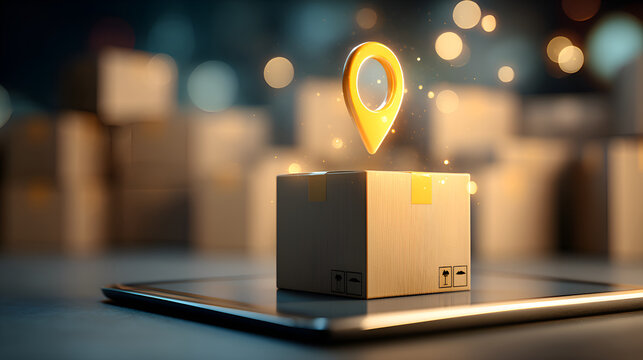Cardboard box on tablet with location pin showing delivery tracking in warehouse
