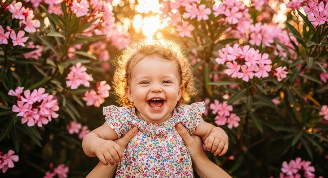 Joyful caucasian toddler in floral dress surrounded by blooming pink flowers - Powered by Adobe