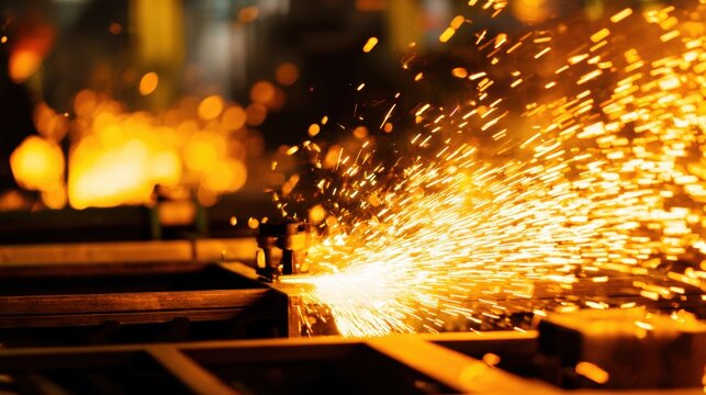 Sparks flying from metalwork in a busy industrial workshop, showcasing dynamic energy and craftsmanship