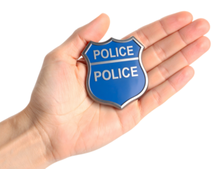 A human hand gently holds a blue shield emblem, representing law enforcement, security, and public safety.