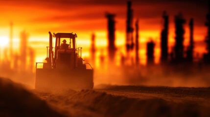 Heavy machinery operator working at sunset in an industrial landscape with silhouettes of factories