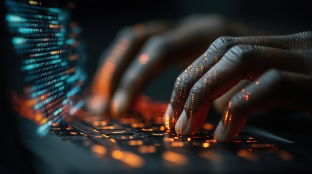 Data Scientist & Algorithms : Hands typing with floating binary code and neural networks
