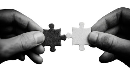 Two hands holding jigsaw puzzle pieces, black and white