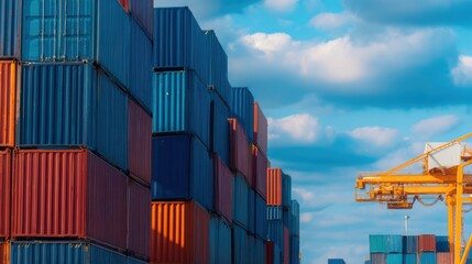 Fototapeta premium Stacked shipping containers in a busy port under a bright blue sky with fluffy clouds